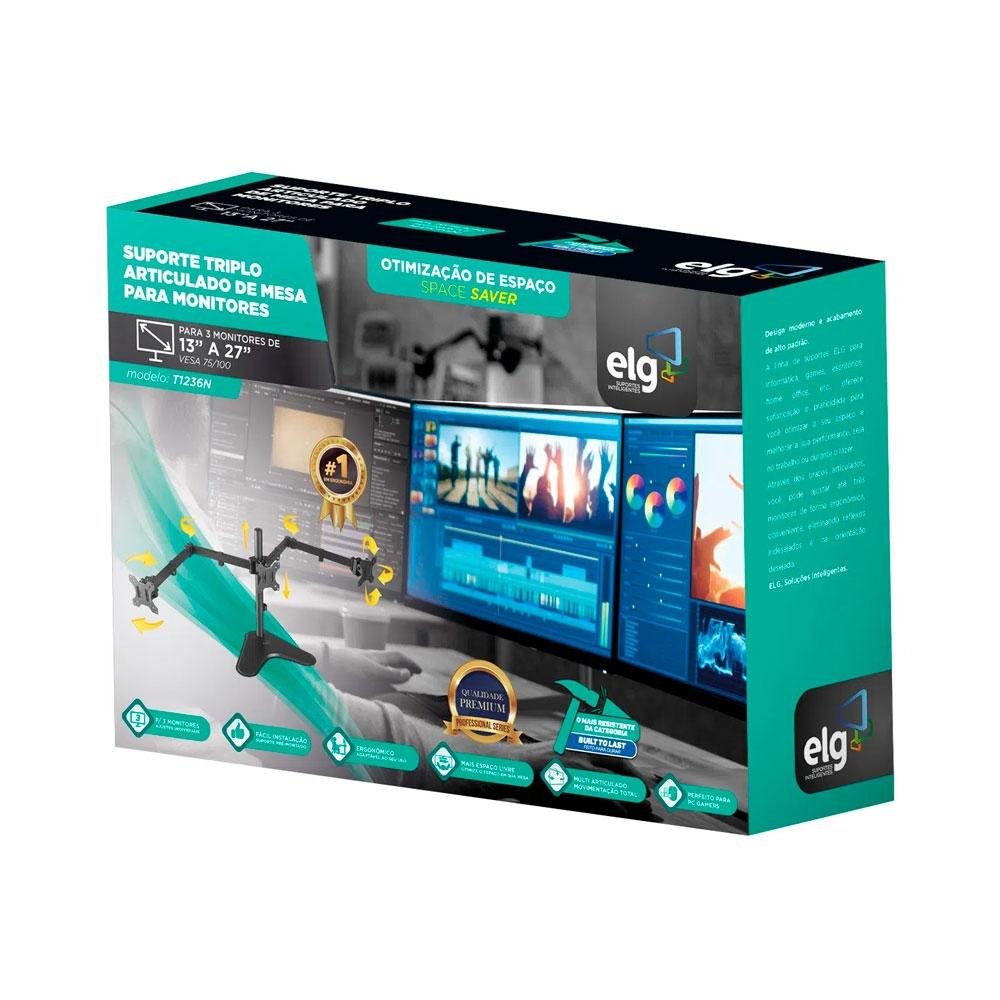 Imagem 4 de 4 do produto Suporte Triplo de Mesa para Monitores ELG, Giratório, Articulado - T1236N