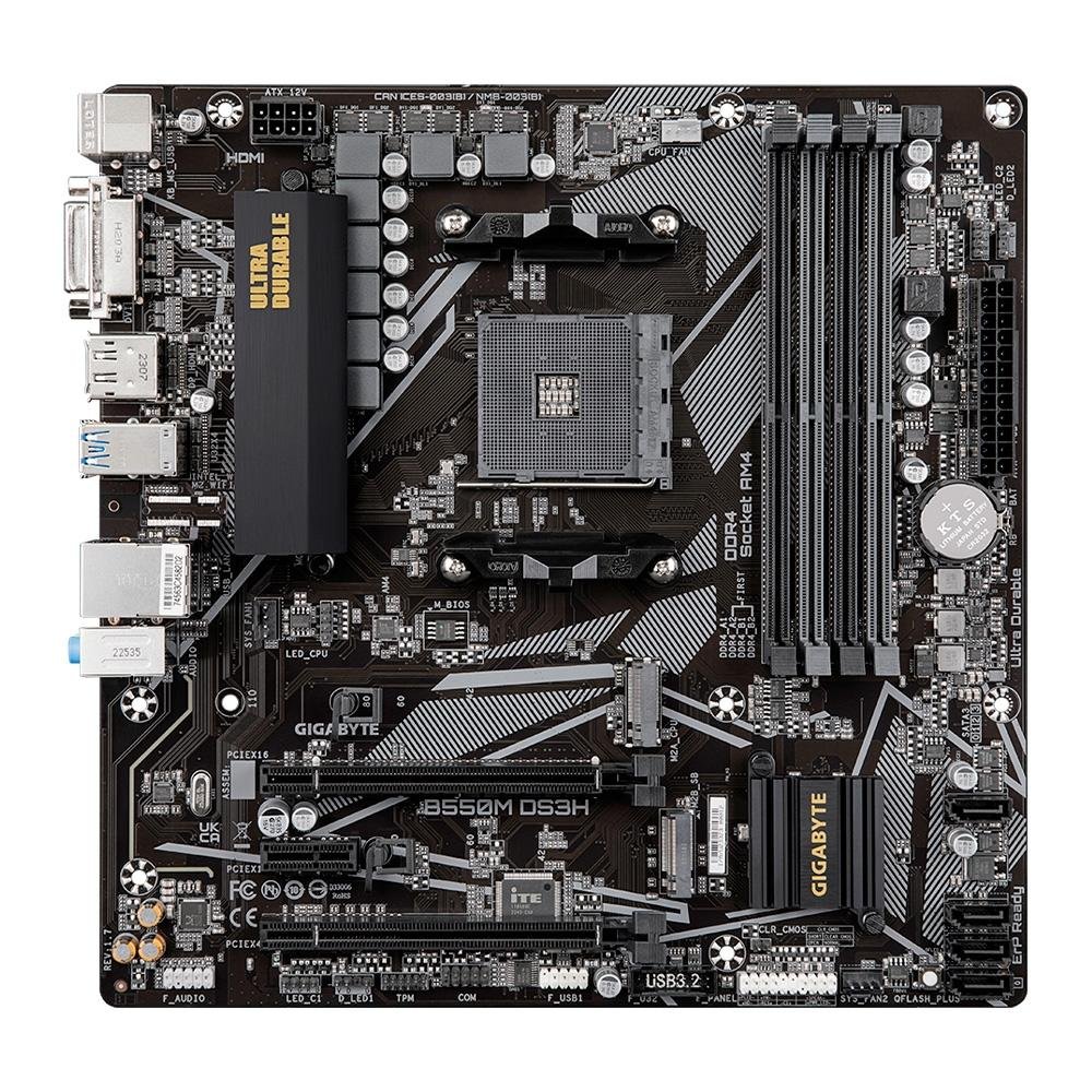 Imagem 2 de 5 do produto Placa-Mãe Gigabyte B550M DS3H, Rev 1.7, AMD AM4, Micro ATX, DDR4, Preto - B550M DS3H
