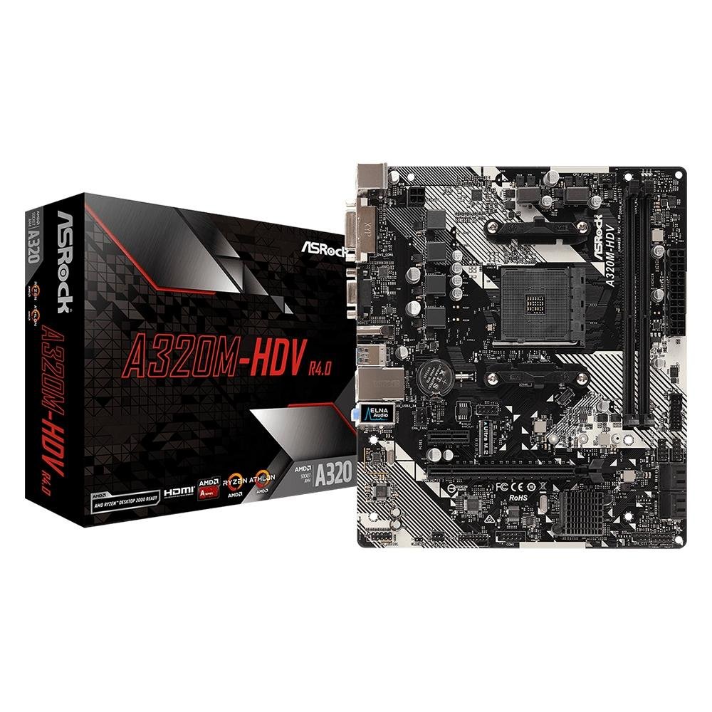 Placa-Mãe ASRock A320M-HDV R4.0, AMD AM4, Micro ATX, DDR4, Preto - 90-MXB9L0-A0UAYZ Placa-Mãe ASRock A320M-HDV R4.0, AMD AM4, Micro ATX, DDR4, Preto - 90-MXB9L0-A0UAYZ