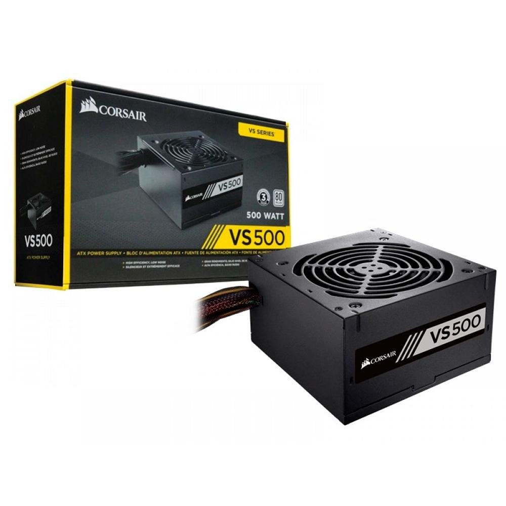 Fonte Corsair VS500, 500W, 80 Plus White, Com Cabo, Preto - CP-9020223-BR Fonte Corsair VS500, 500W, 80 Plus White, Com Cabo, Preto - CP-9020223-BR