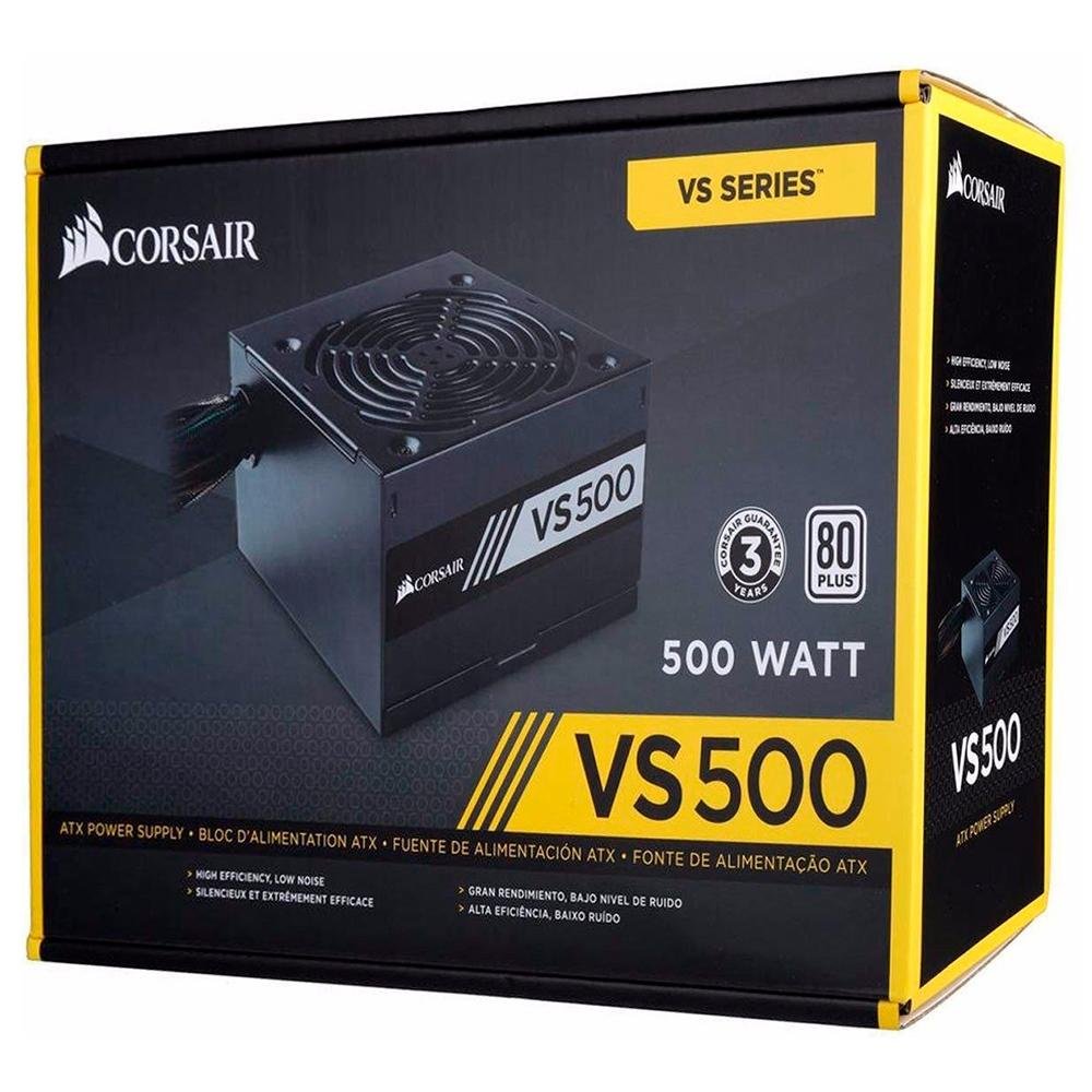 Fonte Corsair VS500, 500W, 80 Plus White, Com Cabo, Preto - CP-9020223-BR Fonte Corsair VS500, 500W, 80 Plus White, Com Cabo, Preto - CP-9020223-BR