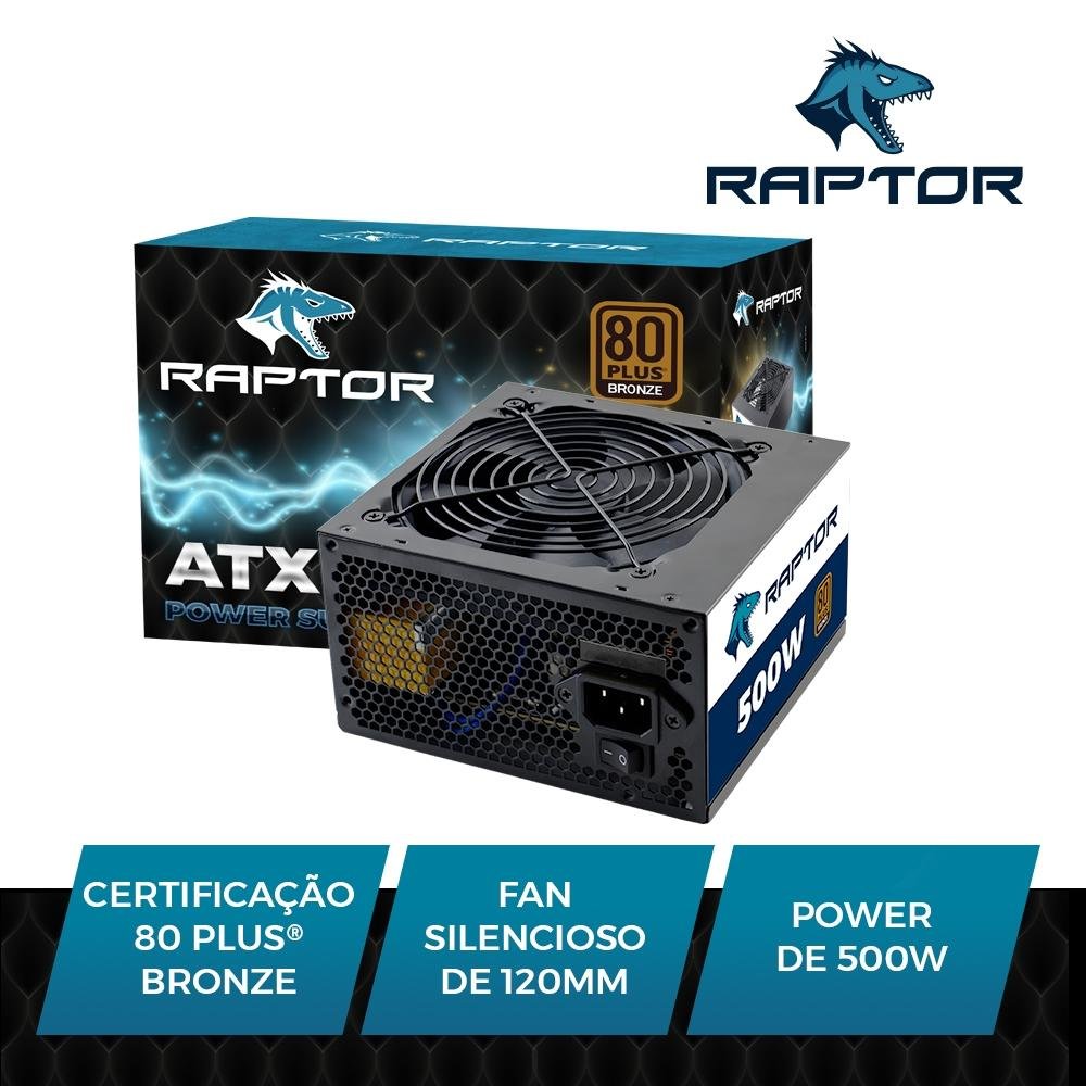 Imagem 4 de 4 do produto Fonte Raptor, 500W, 80 Plus Bronze, PFC Ativo, Com Cabo, Preto - FT251BRA