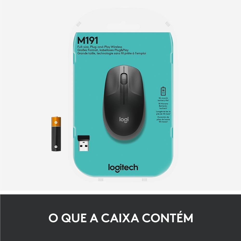 Mouse sem fio Logitech M190 com Design Ambidestro de Tamanho Padrão, Conexão USB e Pilha Inclusa, Cinza - 910-005902 - view 7