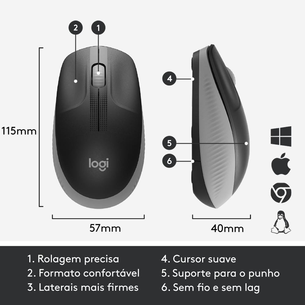 Mouse sem fio Logitech M190 com Design Ambidestro de Tamanho Padrão, Conexão USB e Pilha Inclusa, Cinza - 910-005902 - view 6