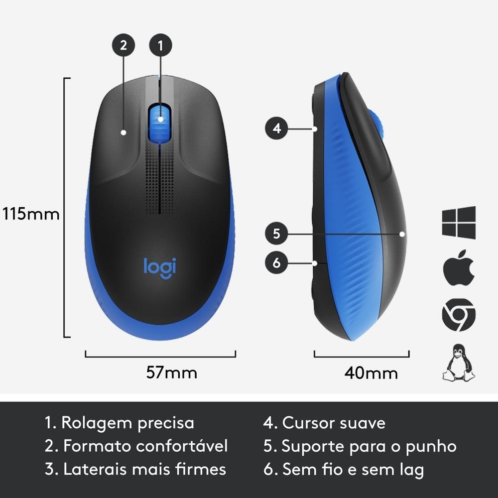 Imagem 5 de 9 do produto Mouse sem fio Logitech M190 com Design Ambidestro de Tamanho Padrão, Conexão USB e Pilha Inclusa, Azul - 910-005903
