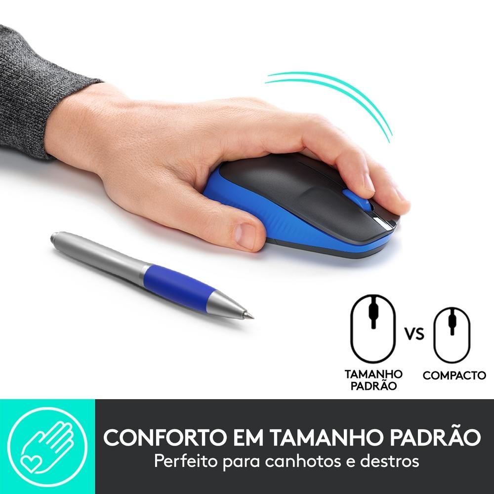 Imagem 7 de 9 do produto Mouse sem fio Logitech M190 com Design Ambidestro de Tamanho Padrão, Conexão USB e Pilha Inclusa, Azul - 910-005903
