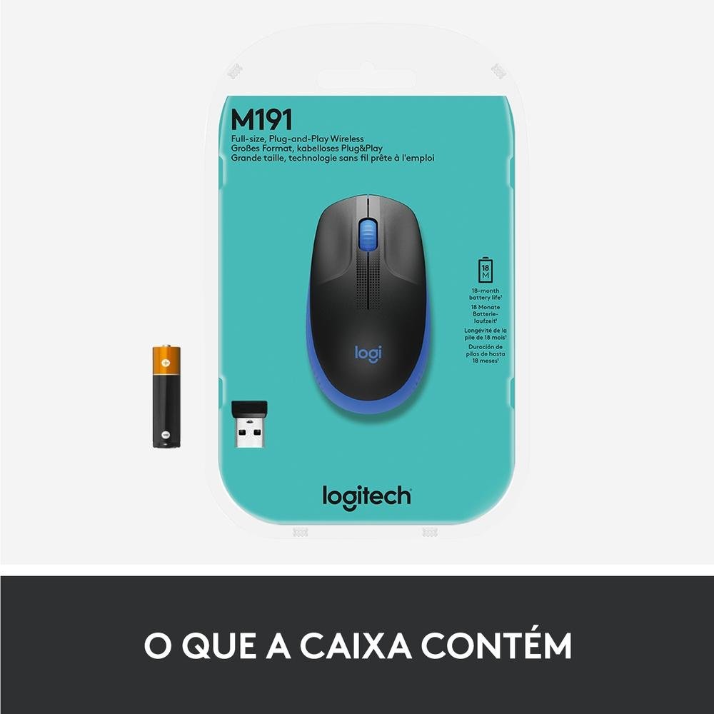 Imagem 4 de 9 do produto Mouse sem fio Logitech M190 com Design Ambidestro de Tamanho Padrão, Conexão USB e Pilha Inclusa, Azul - 910-005903