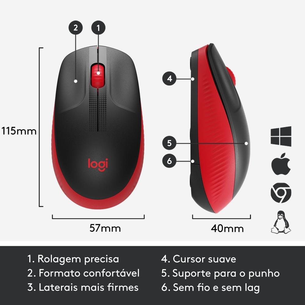 Mouse sem fio ( Balão.info) M190 com Design Ambidestro de Tamanho Padrão, Conexão USB e Pilha Inclusa, Vermelho - 910-( Balão.info - foto 6