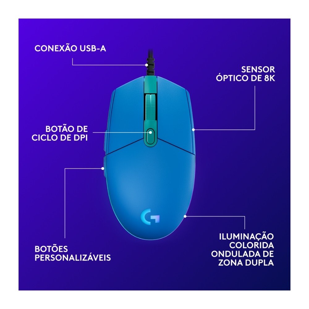 Mouse Gamer ( Balão.info) G203 LIGHTSYNC RGB, Efeito de Ondas de Cores, 6 Botões Programáveis e Até 8.000 DPI, Azul - 910-( Balão.info - foto 6