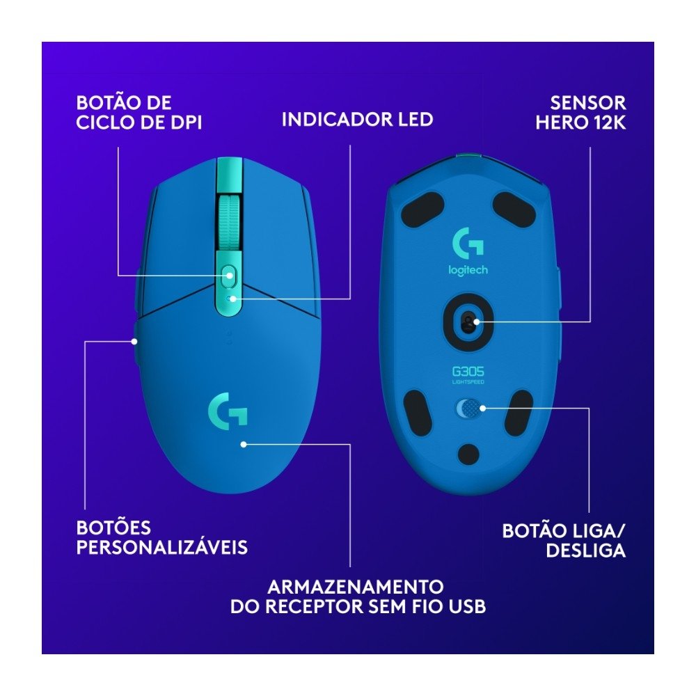Mouse Gamer Sem Fio Logitech G305 LIGHTSPEED com 6 Botões Programáveis e Até 12.000 DPI, Azul - 910-006013