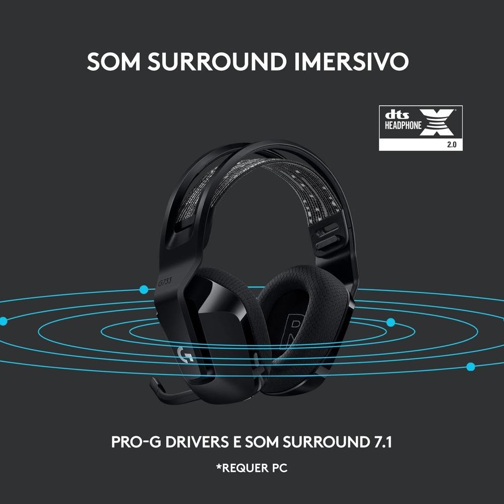 Headset Gamer Sem Fio Logitech G733 7.1 Dolby Surround RGB LIGHTSYNC, Blue VOICE para PC e PlayStation, Preto - 981-000863 - view 7