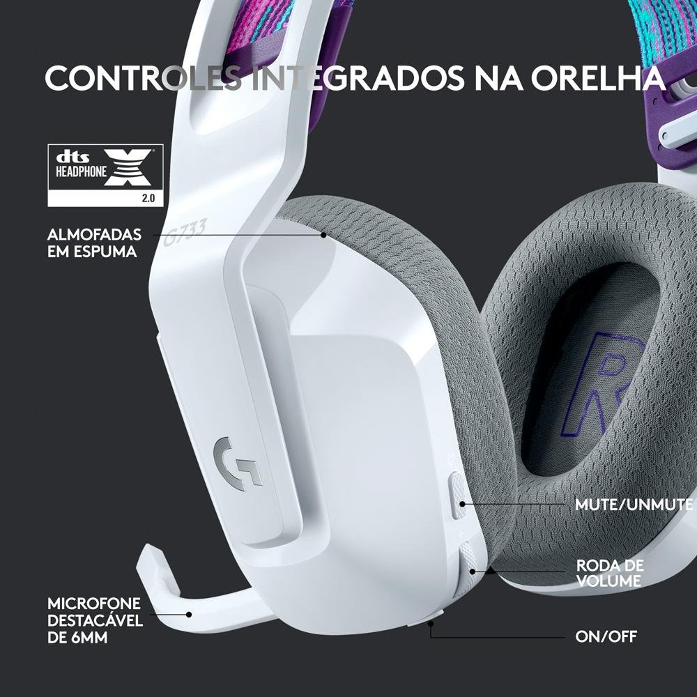 Imagem 7 de 10 do produto Headset Gamer Sem Fio Logitech G733 7.1 Dolby Surround RGB LIGHTSYNC, Blue VOICE para PC e PlayStation, Branco - 981-000882