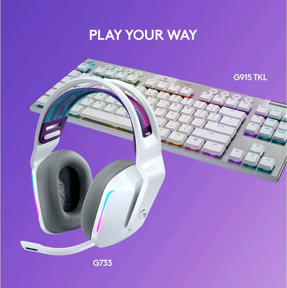 Imagem 9 de 10 do produto Headset Gamer Sem Fio Logitech G733 7.1 Dolby Surround RGB LIGHTSYNC, Blue VOICE para PC e PlayStation, Branco - 981-000882
