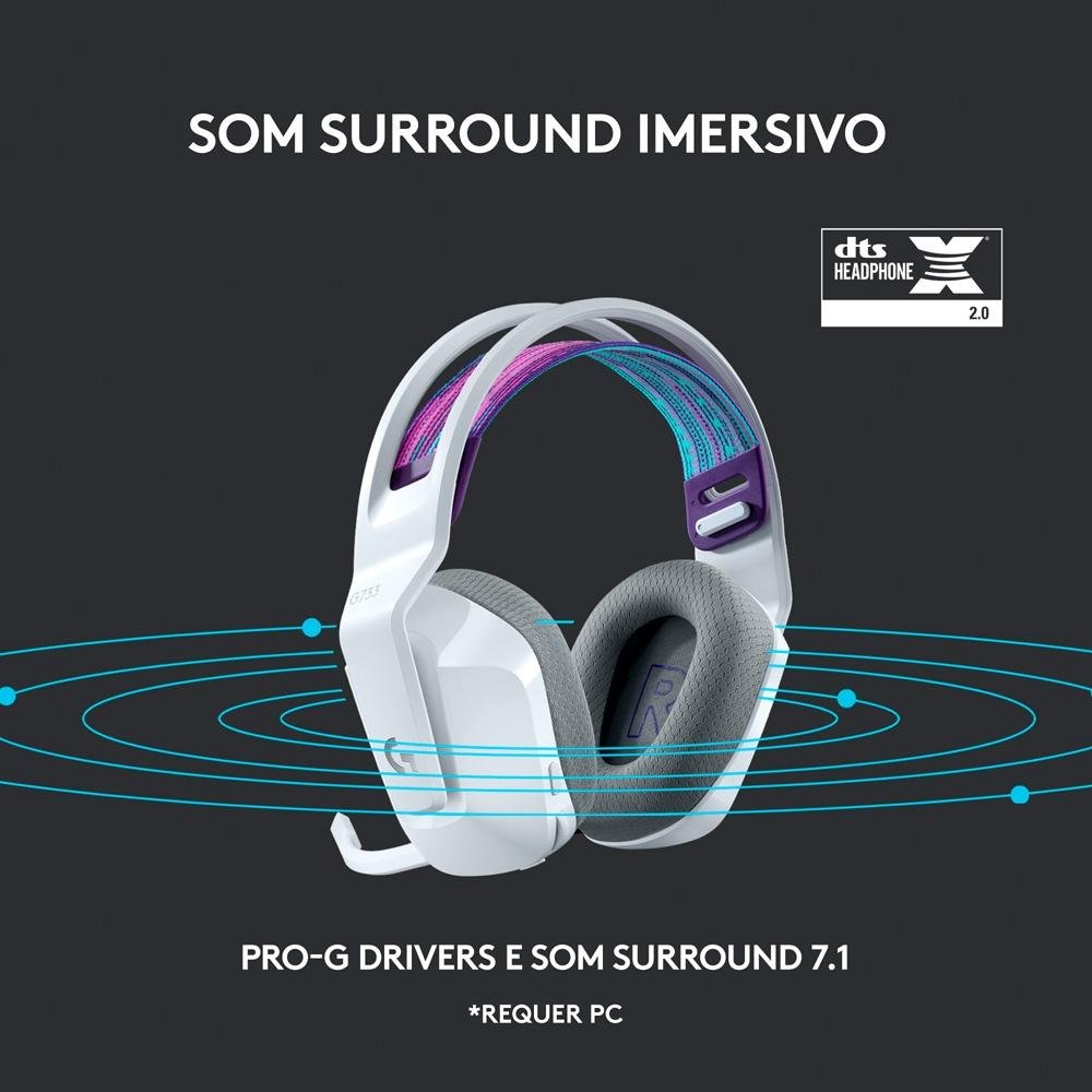 Imagem 10 de 10 do produto Headset Gamer Sem Fio Logitech G733 7.1 Dolby Surround RGB LIGHTSYNC, Blue VOICE para PC e PlayStation, Branco - 981-000882
