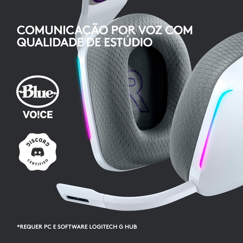 Imagem 8 de 10 do produto Headset Gamer Sem Fio Logitech G733 7.1 Dolby Surround RGB LIGHTSYNC, Blue VOICE para PC e PlayStation, Branco - 981-000882