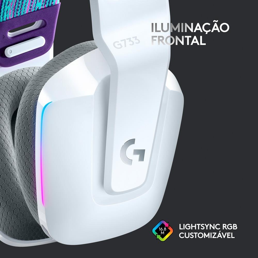 Imagem 4 de 10 do produto Headset Gamer Sem Fio Logitech G733 7.1 Dolby Surround RGB LIGHTSYNC, Blue VOICE para PC e PlayStation, Branco - 981-000882