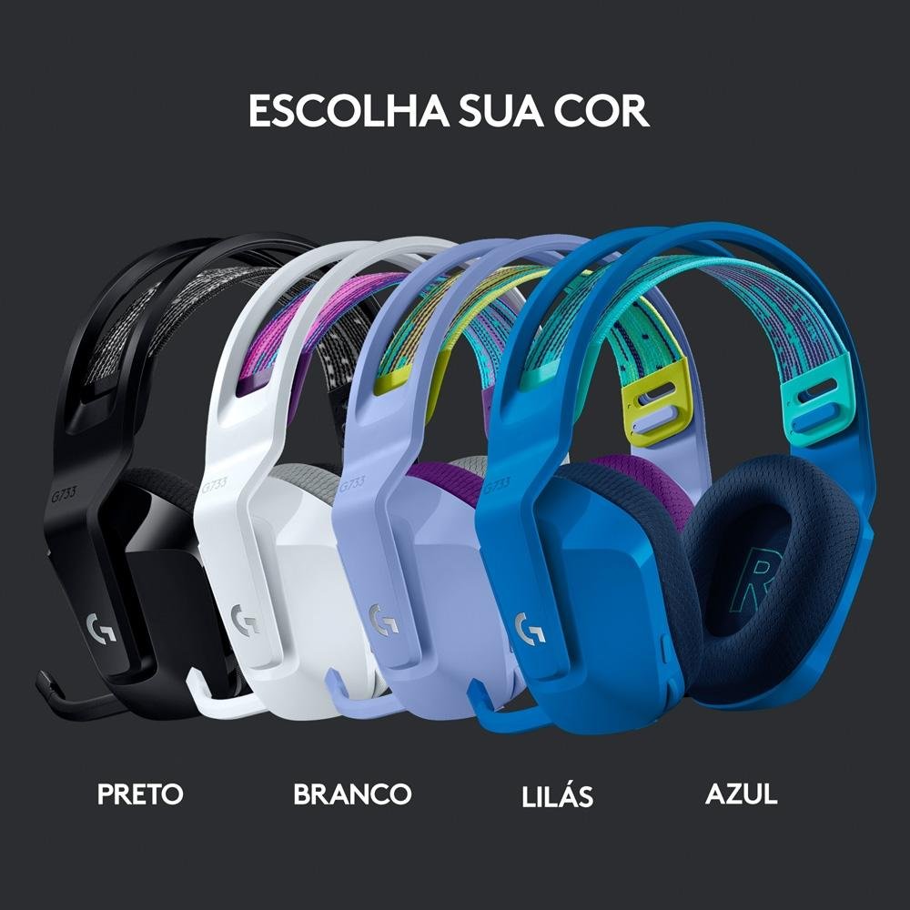 Imagem 6 de 10 do produto Headset Gamer Sem Fio Logitech G733 7.1 Dolby Surround RGB LIGHTSYNC, Blue VOICE para PC e PlayStation, Branco - 981-000882