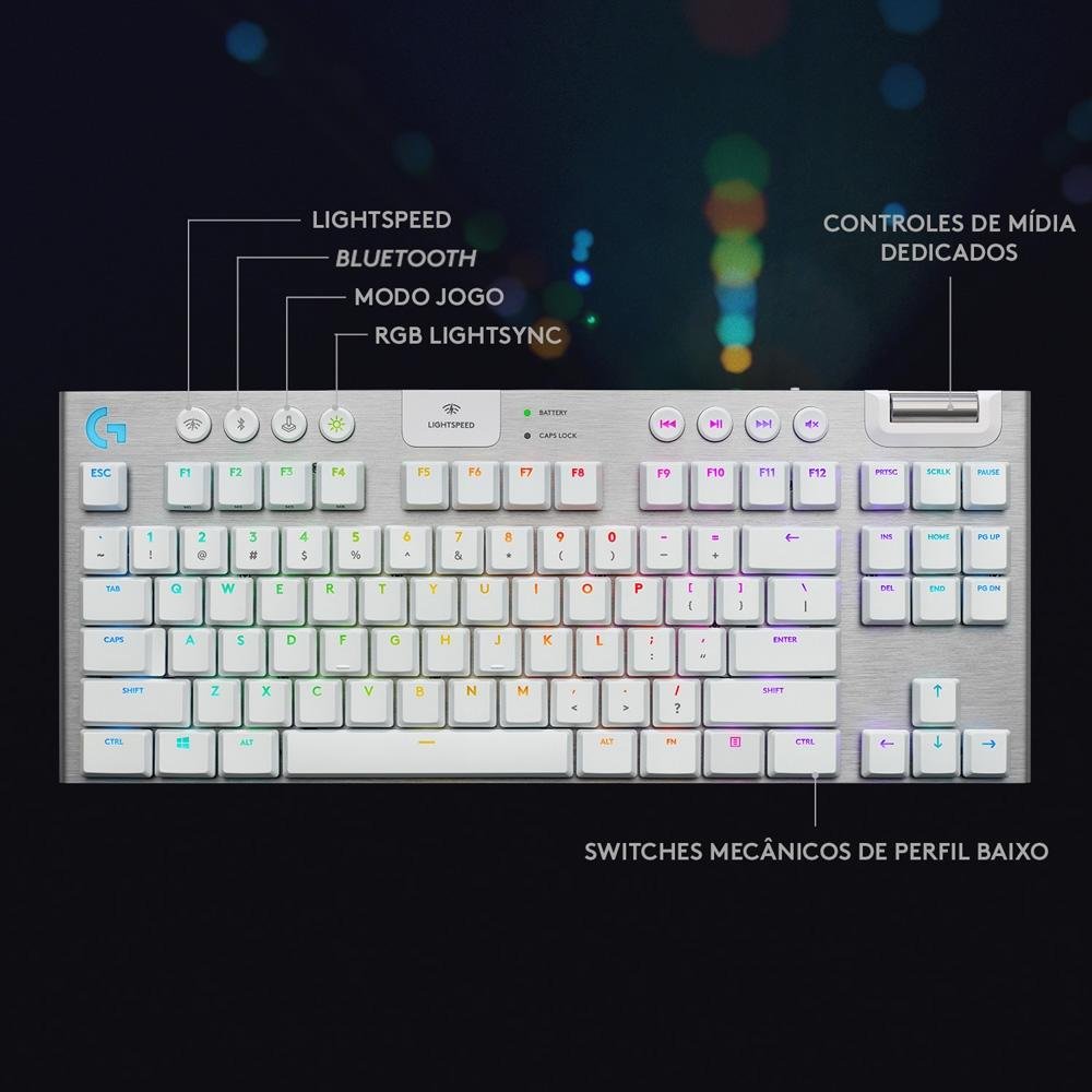 Teclado Mecânico Gamer Sem Fio Logitech G915 TKL RGB LIGHTSYNC, USB ou Bluetooth, Ultrafino, Switch GL Tactile, Branco - 920-009660 Teclado Mecânico Gamer Sem Fio Logitech G915 TKL RGB LIGHTSYNC, USB ou Bluetooth, Ultrafino, Switch GL Tactile, Branco - 920-009660