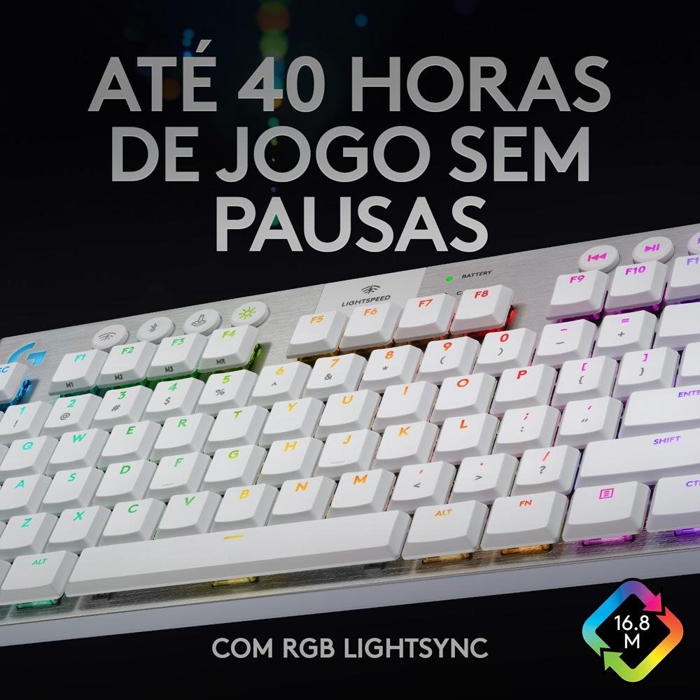 Imagem 9 de 10 do produto Teclado Mecânico Gamer Sem Fio Logitech G915 TKL RGB LIGHTSYNC, USB ou Bluetooth, Ultrafino, Switch GL Tactile, Branco - 920-009660