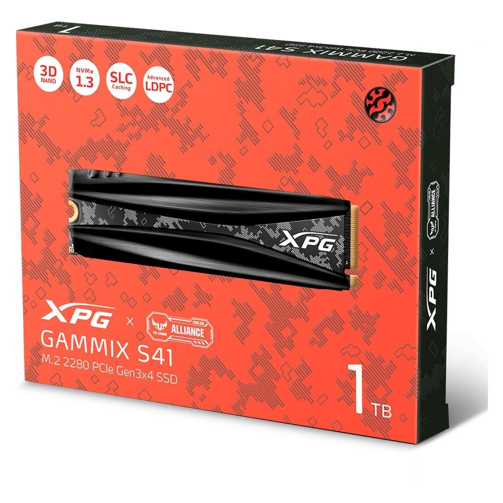 SSD XPG S41 TUF, 1TB, M.2 PCIe NVMe, Heatsink, Leitura: 3500MB/s e Gravação: 3000MB/s, Preto - AGAMMIXS41-1T-C SSD XPG S41 TUF, 1TB, M.2 PCIe NVMe, Heatsink, Leitura: 3500MB/s e Gravação: 3000MB/s, Preto - AGAMMIXS41-1T-C