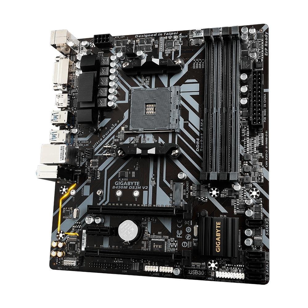 Placa-Mãe Gigabyte B450M DS3H V2, Rev. 1.0, AMD B450, mATX, DDR4, Preto - B450M DS3H V2 Placa-Mãe Gigabyte B450M DS3H V2, Rev. 1.0, AMD B450, mATX, DDR4, Preto - B450M DS3H V2