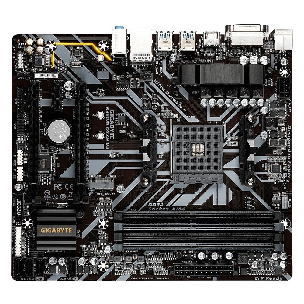 Placa-Mãe Gigabyte B450M DS3H V2, Rev. 1.0, AMD B450, mATX, DDR4, Preto - B450M DS3H V2 Placa-Mãe Gigabyte B450M DS3H V2, Rev. 1.0, AMD B450, mATX, DDR4, Preto - B450M DS3H V2
