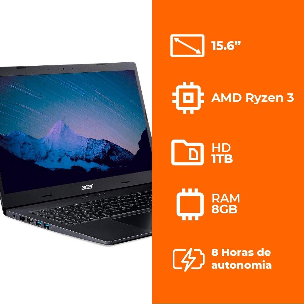 Imagem 2 de 8 do produto Notebook Acer Aspire 3 AMD Ryzen 3-3250U, 8GB RAM, 1TB, 15.6", Windows 10 Home, - A315-23-R6DJ