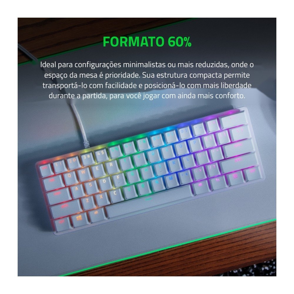 Teclado Gamer Óptico Razer Huntsman Mini, RGB, Switch Vermelho Linear, Formato 60%, Cabo USB-C Destacável, US, Alumínio Mercury Branco - RZ03-03390400