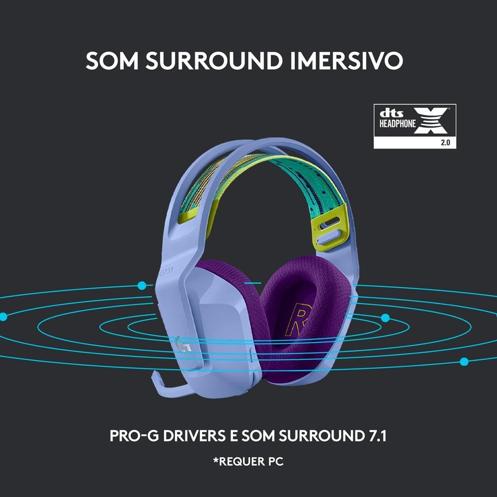 Headset Gamer Sem Fio Logitech G733 7.1 Dolby Surround RGB LIGHTSYNC, Blue  VOICE para PC e PlayStation, Lilás - 981-000889 | KaBuM!