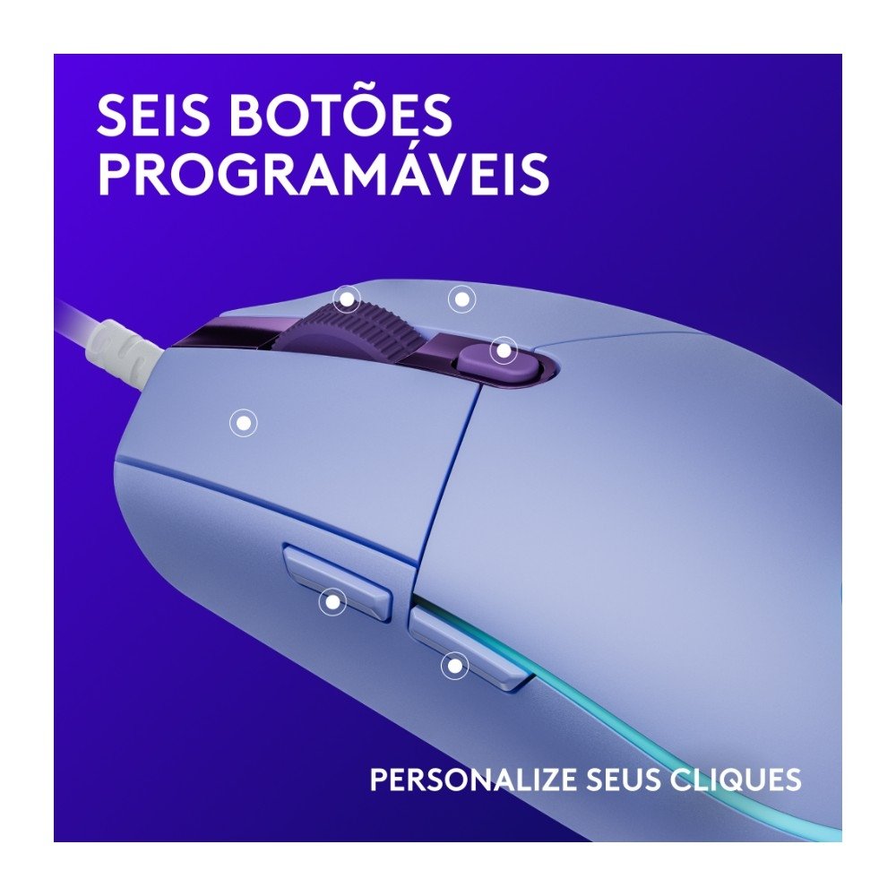 Imagem 3 de 7 do produto Mouse Gamer Logitech G203 LIGHTSYNC RGB, Efeito de Ondas de Cores, 6 Botões Programáveis e Até 8.000 DPI, Lilás - 910-005852