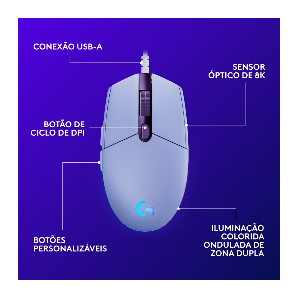 Imagem 6 de 7 do produto Mouse Gamer Logitech G203 LIGHTSYNC RGB, Efeito de Ondas de Cores, 6 Botões Programáveis e Até 8.000 DPI, Lilás - 910-005852