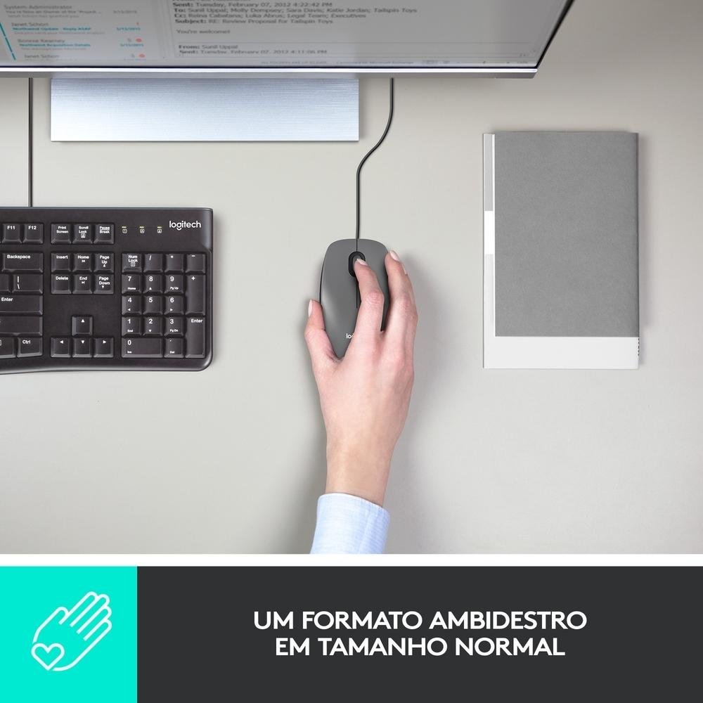 Mouse com fio USB Logitech M100 com Design Ambidestro e Facilidade Plug and Play, Cinza - 910-001601