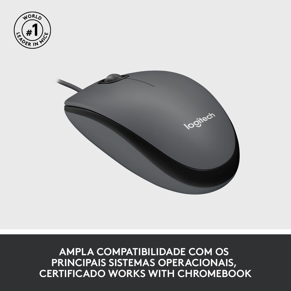 Mouse com fio USB Logitech M100 com Design Ambidestro e Facilidade Plug and Play, Cinza - 910-001601