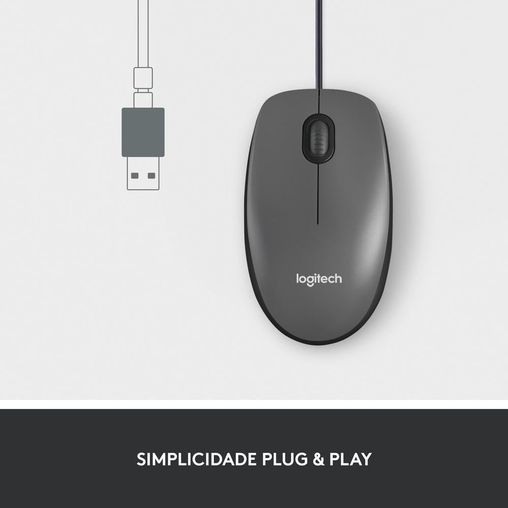 Mouse com fio USB Logitech M100 com Design Ambidestro e Facilidade Plug and Play, Cinza - 910-001601