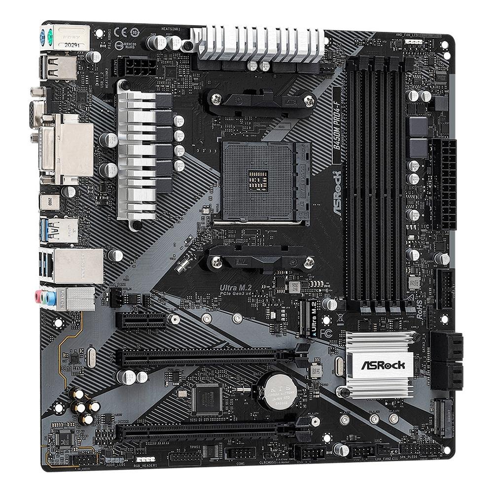 Imagem 2 de 4 do produto Placa-Mãe ASRock, AMD AM4, Micro ATX, DDR4, Polychrome Sync RGB, Preto - B450M Pro4-F R2.0