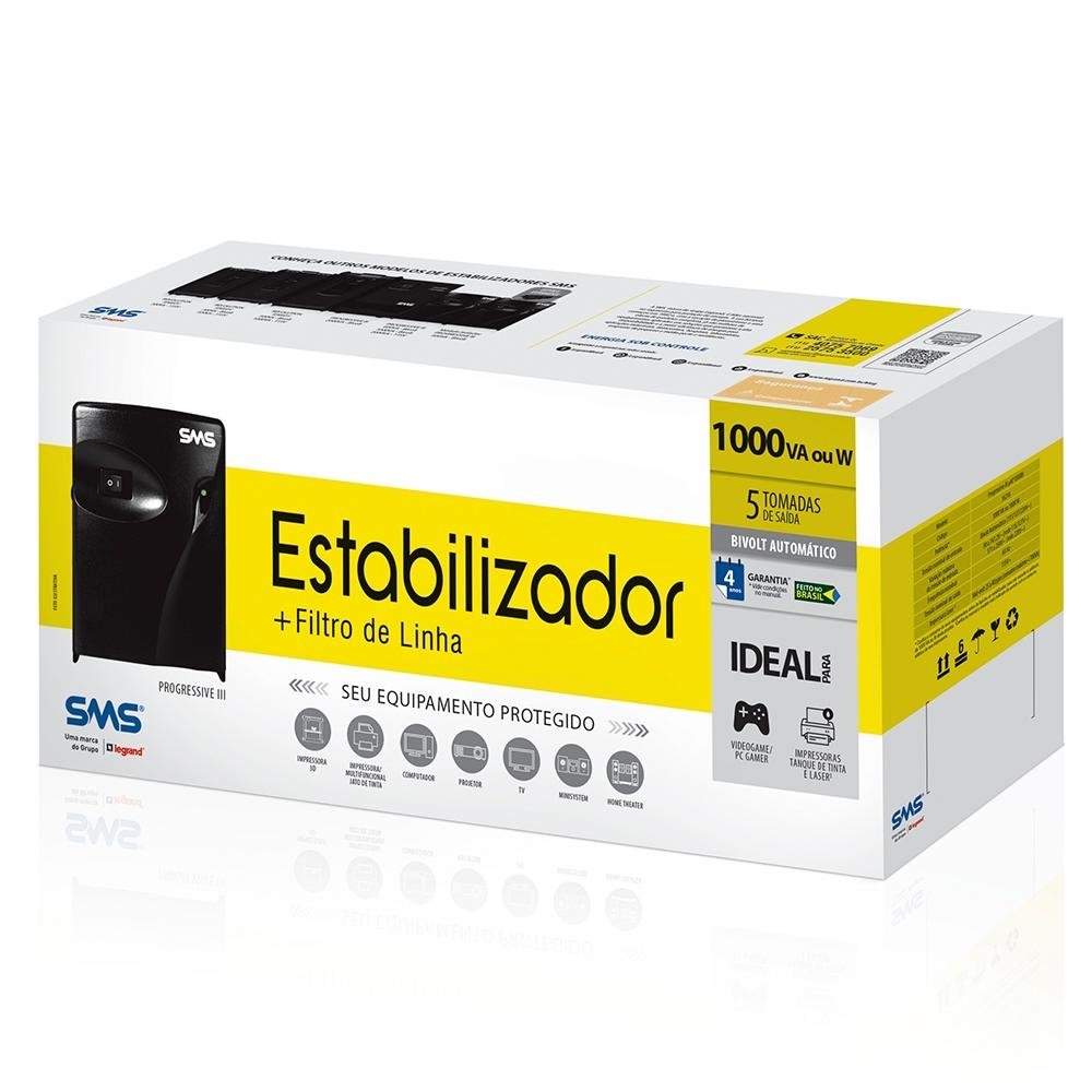 Estabilizador SMS Progressive III 1000VA, Entrada Bivolt Automático e Saída 115V, 5 Tomadas - ( Balão.info