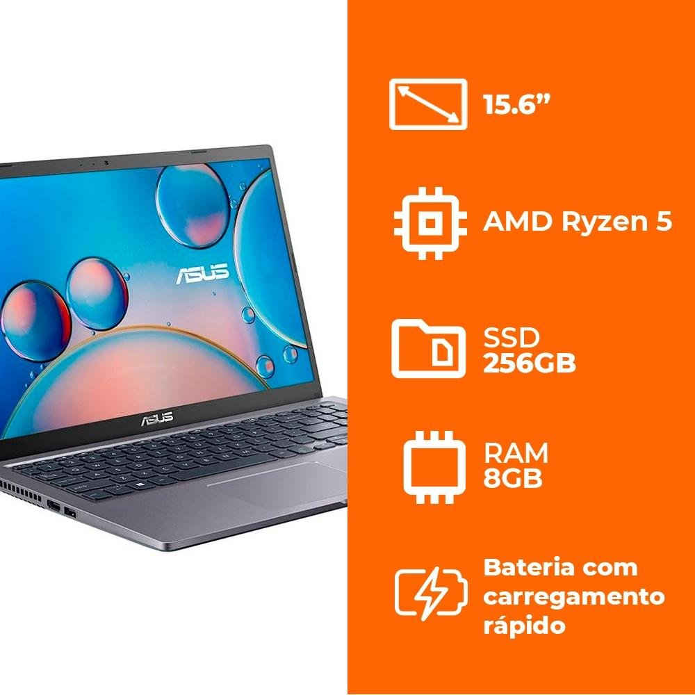 Notebook ASUS AMD Ryzen 5 3500U, 8GB RAM, 256GB SSD, 15.6" FHD, Windows 10 Home, Cinza - M515DA-EJ502T