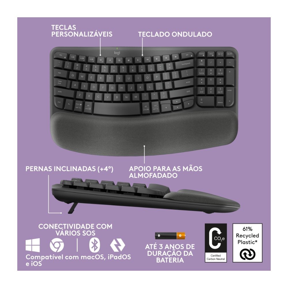 Teclado sem fio Logitech ERGO K860 com Layout Dividido, Suporte para Descanso de Pulso, Conexão Bluetooth e USB, Windows e Mac - 920-009169 - view 6