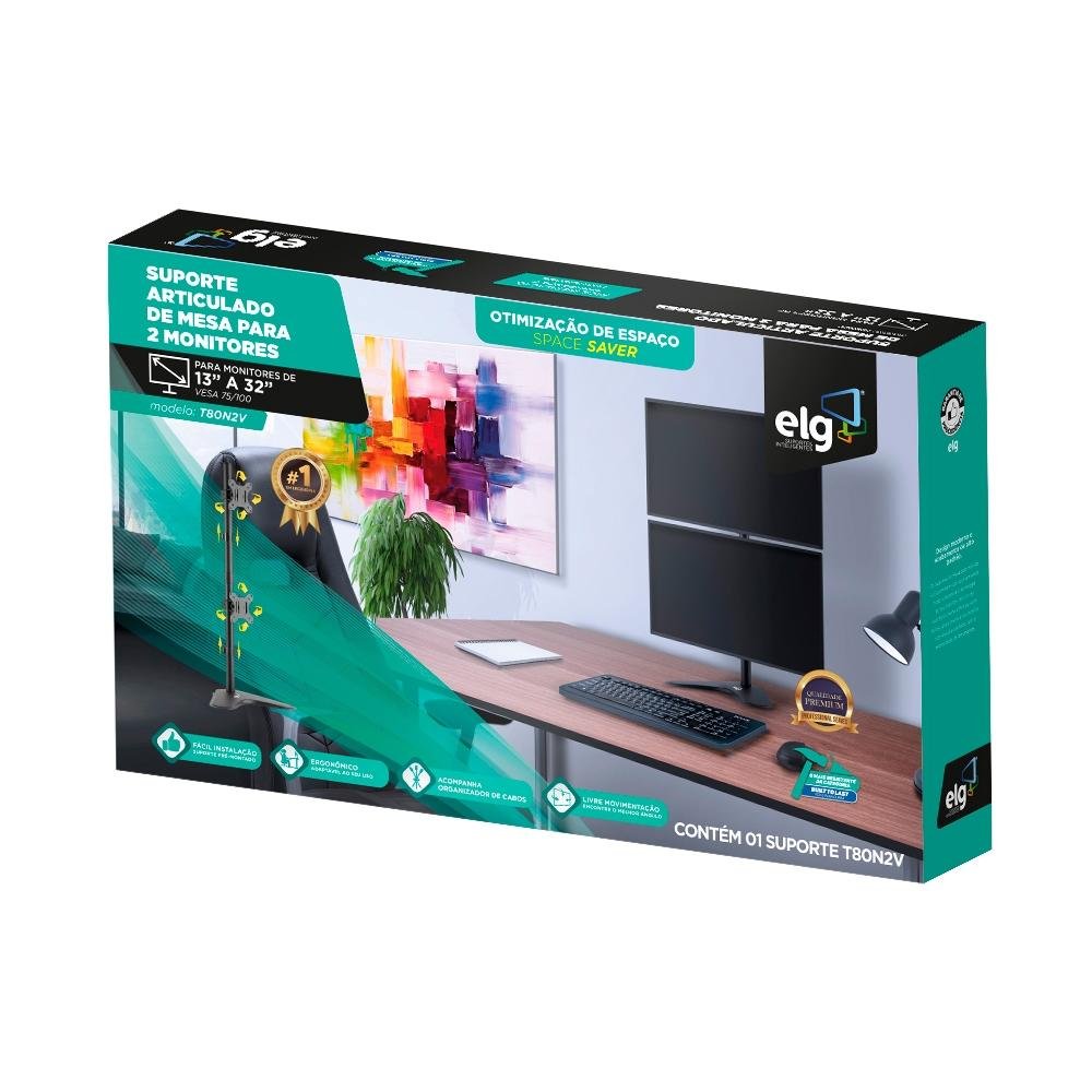 Imagem 4 de 6 do produto Suporte de Mesa ELG Articulado para 2x Monitores de 15´ Até 32´, Preto - T80N2V
