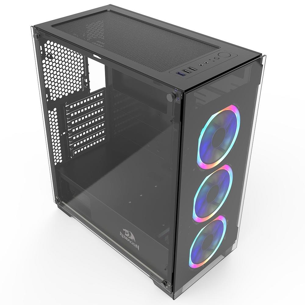 Imagem 5 de 6 do produto Gabinete Gamer Redragon Mixmaster, Mid Tower, 3x Fans de LED 120mm, Painel Lateral e Frontal em Vidro Temperado, Preto - GC-618