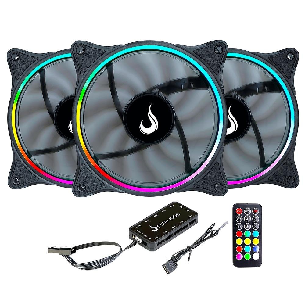 Kit Com 3 Ventoinhas Rise Mode Laser, 120mm, ARGB, Preto - RM-RGB-05-5V Kit Com 3 Ventoinhas Rise Mode Laser, 120mm, ARGB, Preto - RM-RGB-05-5V