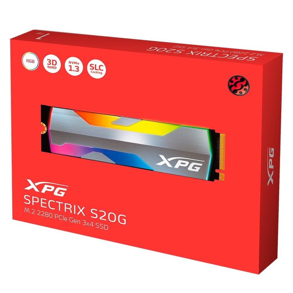 SSD XPG Spectrix S20G, 500GB, M.2 2280, PCIe Gen3x4, Leitura: 2500 MB/s, Gravação: 1800 MB/s, 3D NAND, Rainbow - ASPECTRIXS20G-500G-C