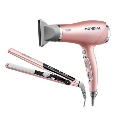 Conjunto Especial Mondial Secador e Prancha O Kit de Cuidados Pessoais Golden Rose da Mondial acompanha o Secador de Cabelo Golden Rose que, com 200