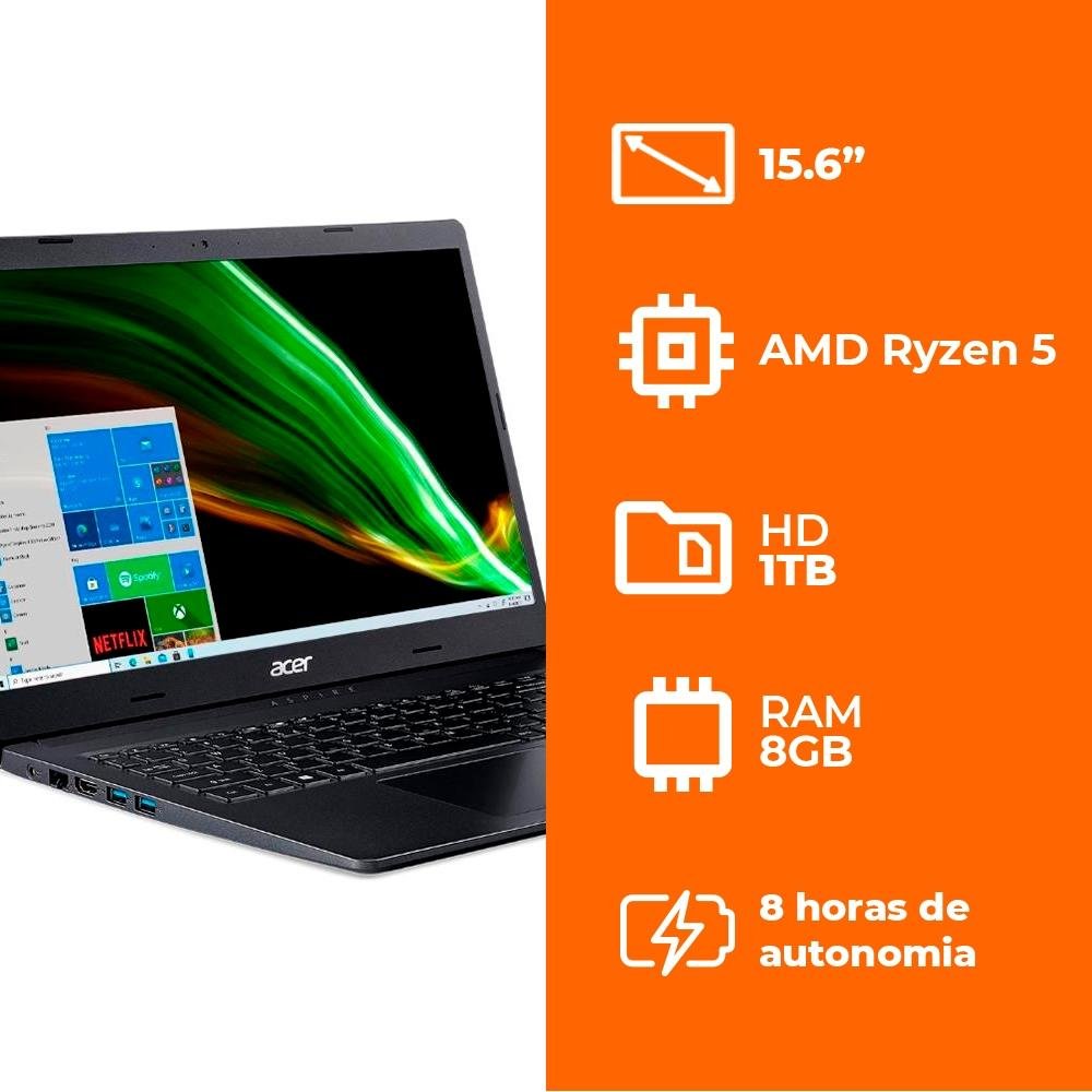 Notebook Acer Aspire 3 AMD Ryzen 5-3500U, 8GB RAM, 1TB HD, 15,6´ 1366x768,  Windows 10 Home, Preto - A315-23-R291 | KaBuM!