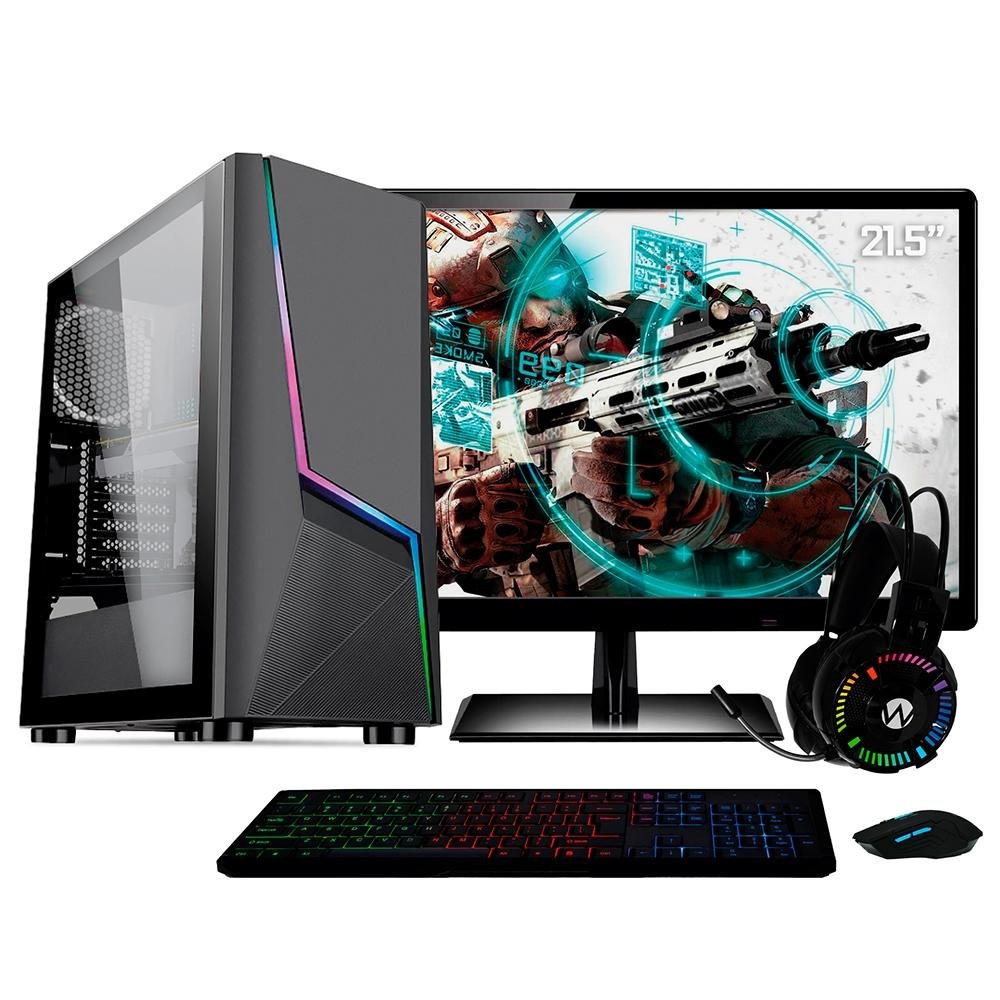 PC Gamer Completo Skill AMD Ryzen 5, 8GB DDR4, HD 1TB, Monitor 21.5´ Full HD, Radeon VEGA 11, RGB, 500W, Linux, Preto - 47308