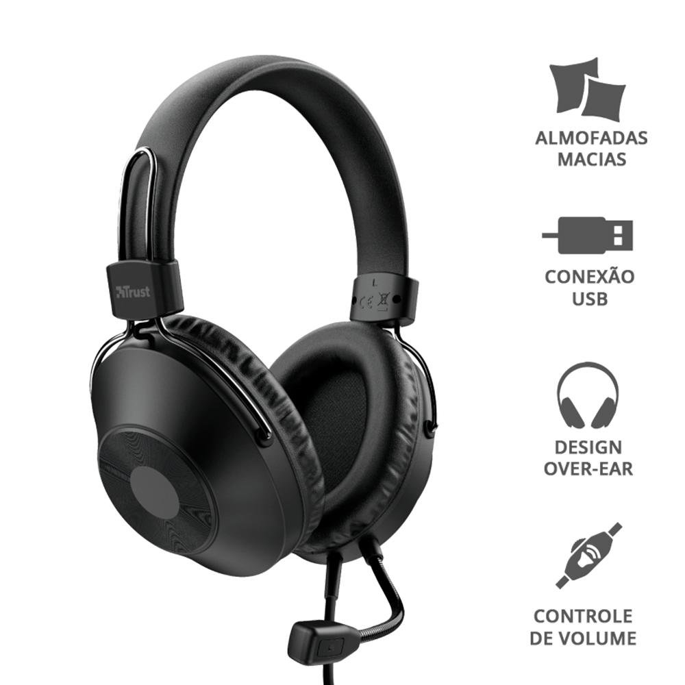 Headset Trust Over-Ear, Conexão USB, Driver 40mm, Cabo de 2m com Controle de Volume, Preto - 24132 Headset Trust Over-Ear, Conexão USB, Driver 40mm, Cabo de 2m com Controle de Volume, Preto - 24132