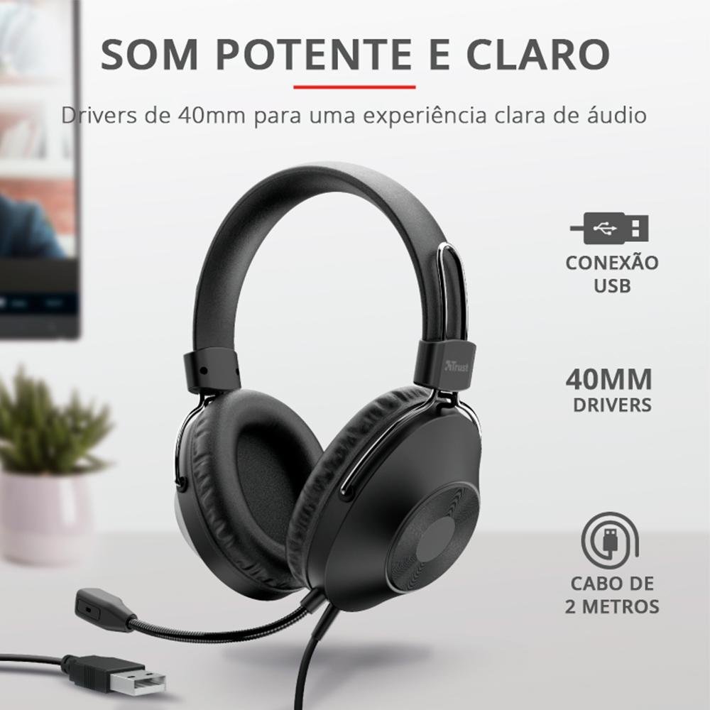 Headset Trust Over-Ear, Conexão USB, Driver 40mm, Cabo de 2m com Controle de Volume, Preto - 24132 Headset Trust Over-Ear, Conexão USB, Driver 40mm, Cabo de 2m com Controle de Volume, Preto - 24132
