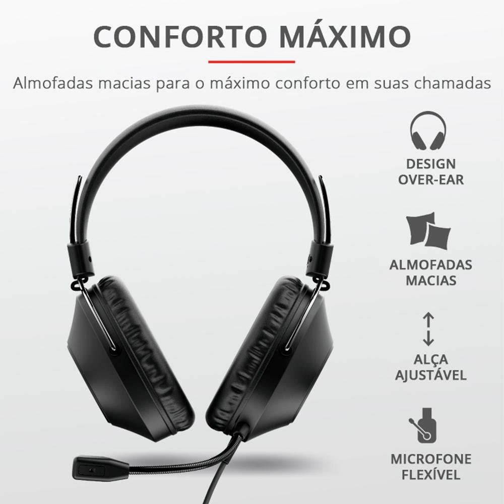 Imagem 8 de 9 do produto Headset Trust Over-Ear, Conexão USB, Driver 40mm, Cabo de 2m com Controle de Volume, Preto - 24132