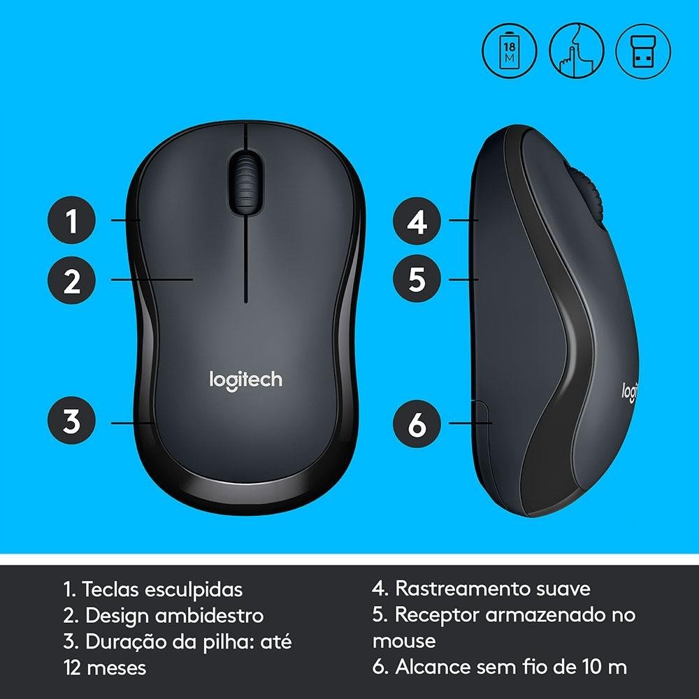 Imagem 6 de 11 do produto Mouse Sem Fio Logitech M220 com Clique Silencioso, Design Ambidestro Compacto, Conexão USB e Pilha Inclusa, Graphite - 910-006127