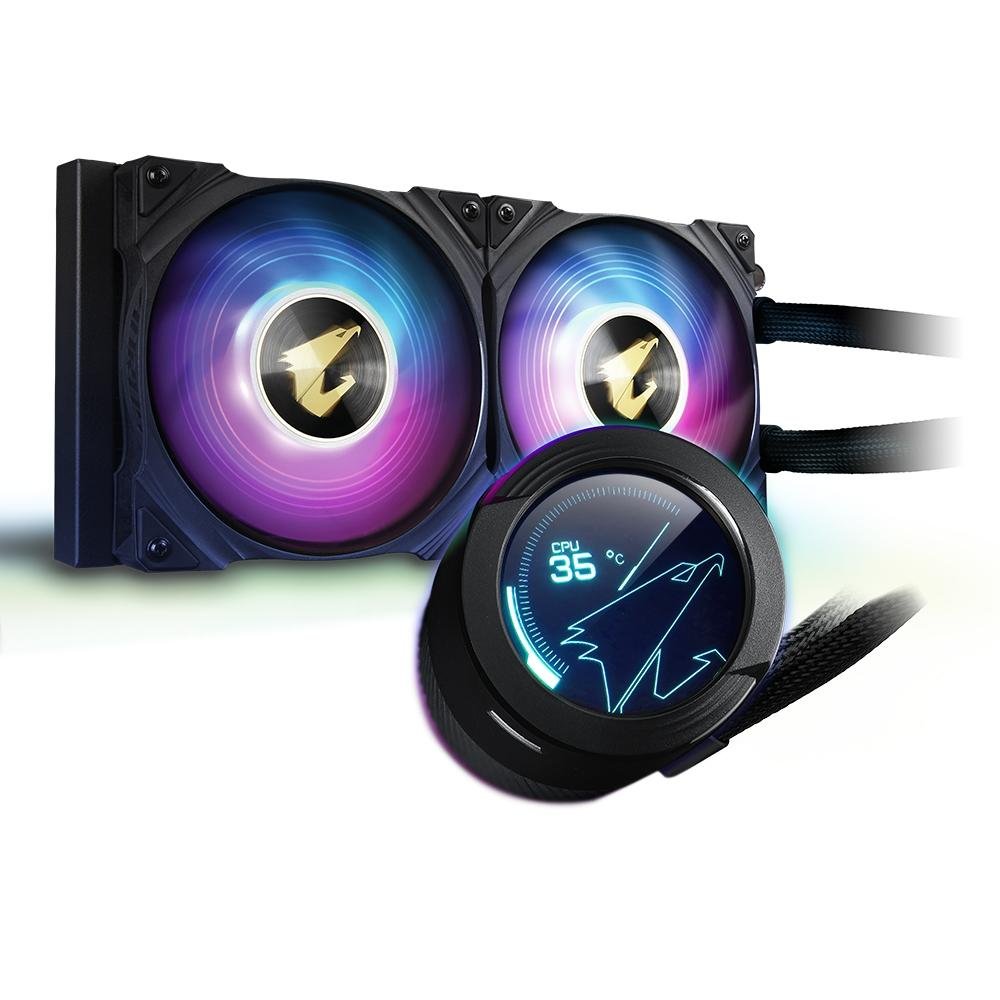 Water Cooler Gigabyte Aorus Liquid Cooler 240, RGB, 240mm (2x 120mm), AMD/Intel, Com Display LCD, Preto - GP-AORUS WATERFORCE X 240 4
